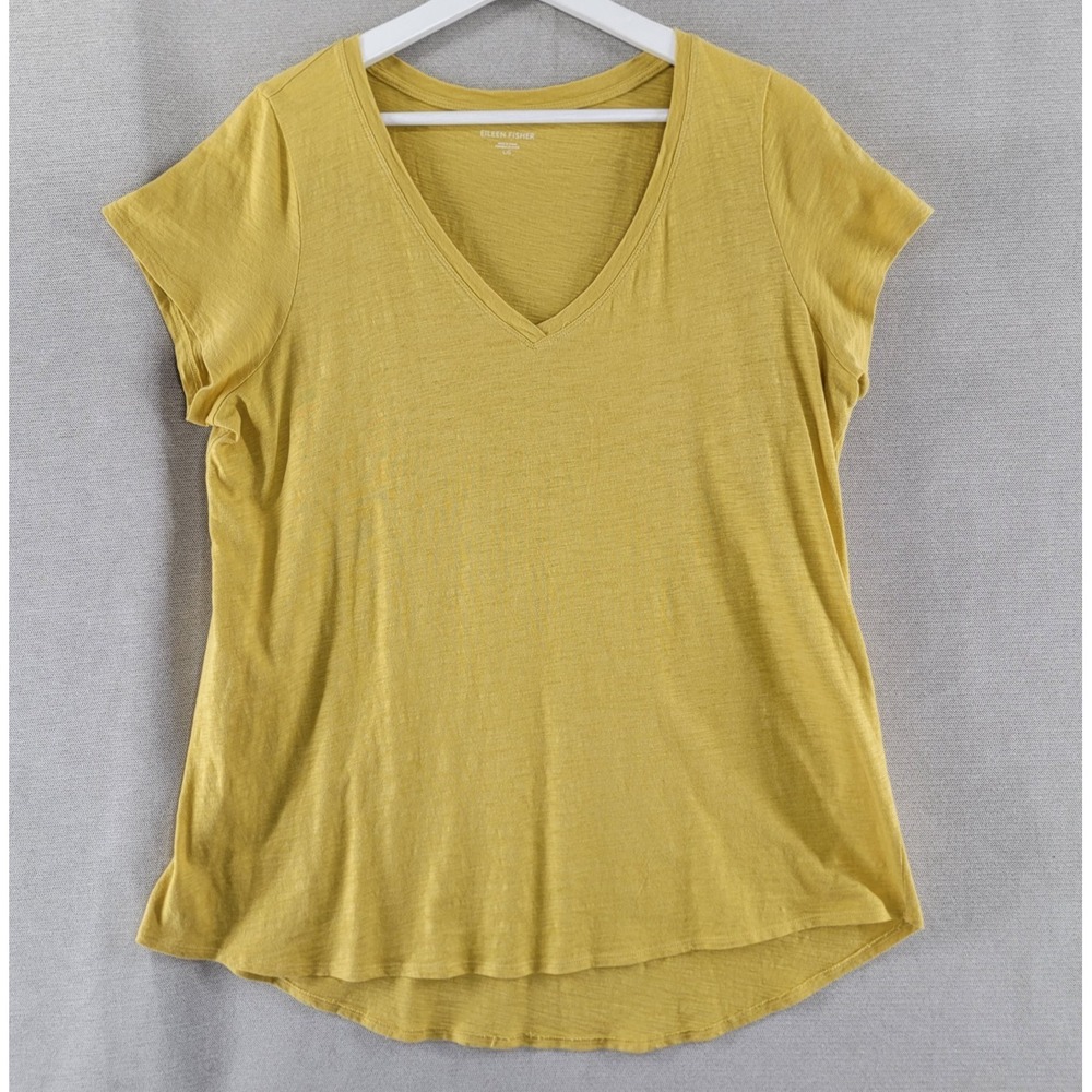 Eileen Fisher Womens Top Organic Cotton V-Neck Yellow Gold Knit Tee Size Large
